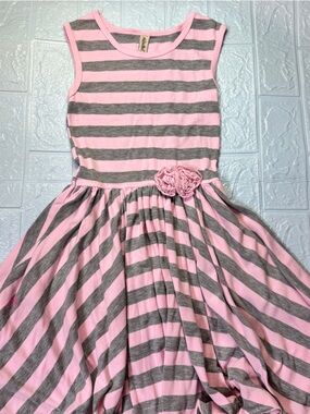 Soft Mignon Pink and Gray Striped Sleeveless Twirl Dress with Flower Accent
